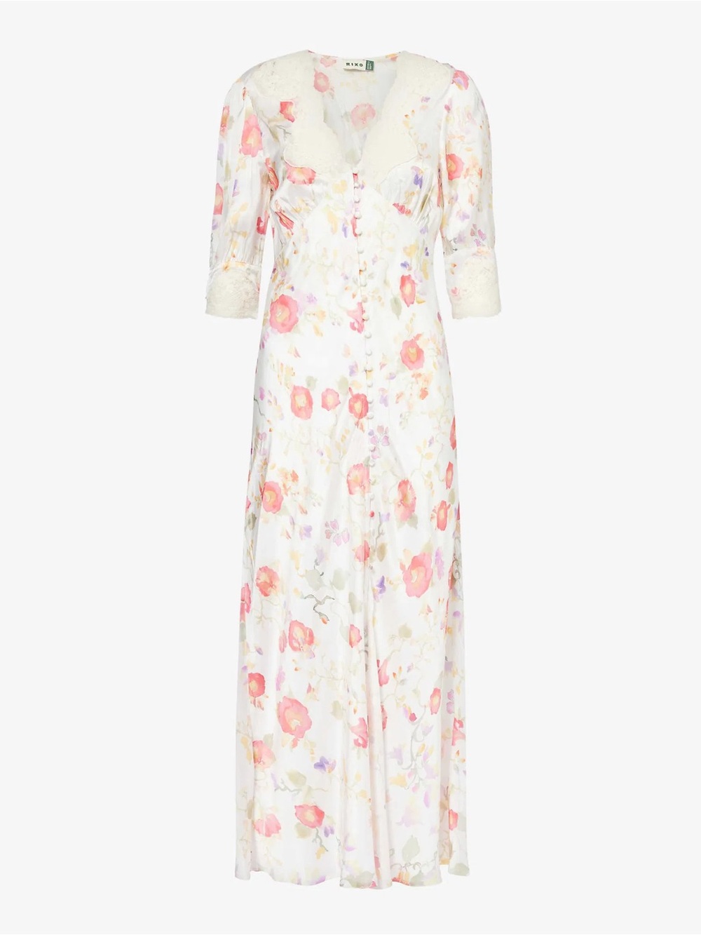 RIXO White Midi Dress with Pink Floral Print
